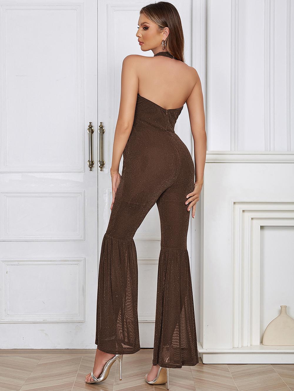 Hanging Neck Cutout Backless Flared Leg Jumpsuit