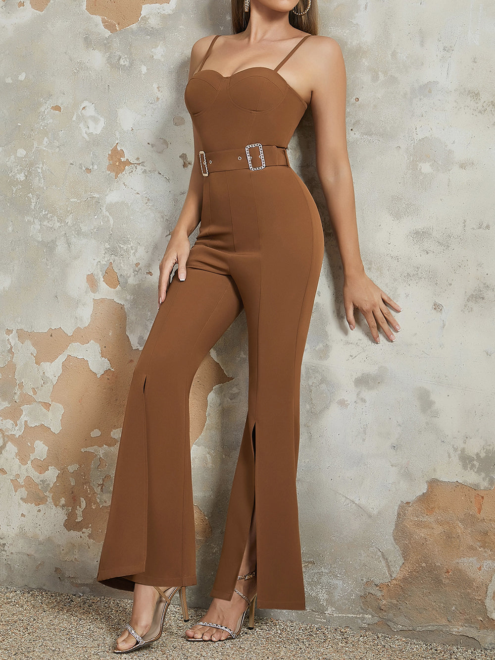 Sexy Suspender Elegant Slim with Belt Flare Jumpsuit