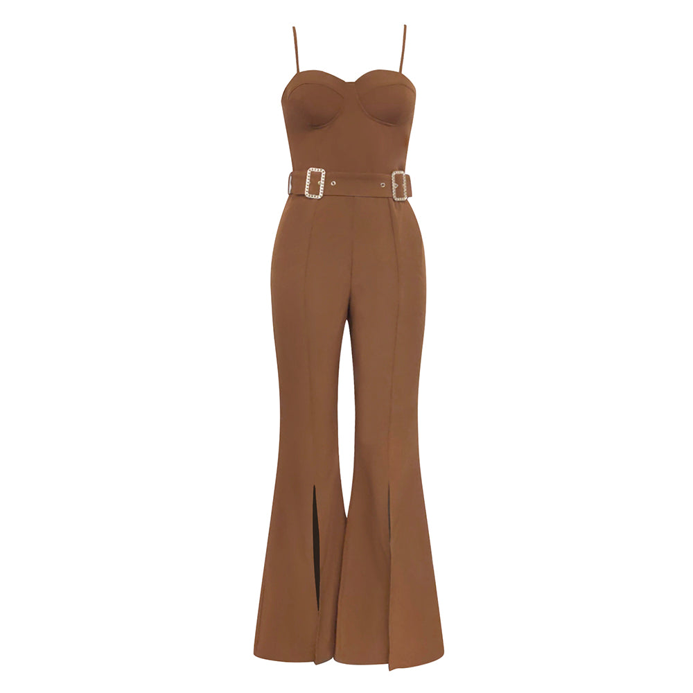 Sexy Suspender Elegant Slim with Belt Flare Jumpsuit