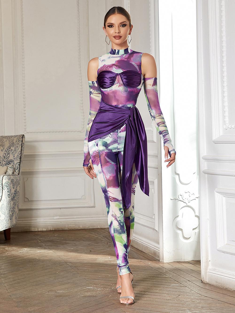 Half High Neck Patchwork Purple Petite Jumpsuit