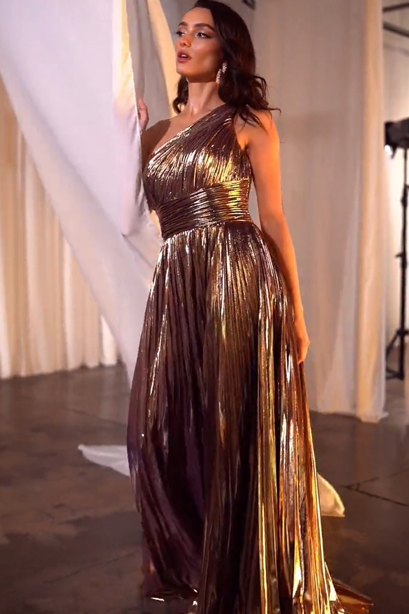 One Shoulder Metallic Pleated A-Line Gown