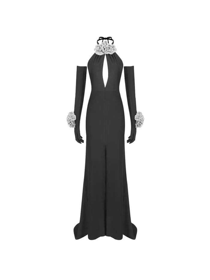 Halterneck Flower Split Dress With Gloves