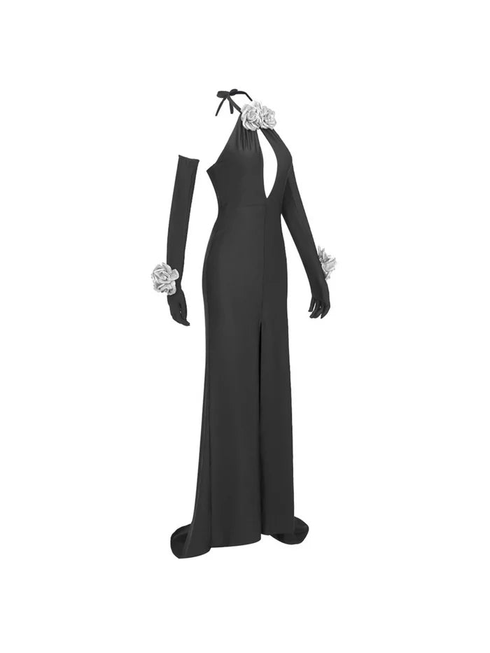 Halterneck Flower Split Dress With Gloves