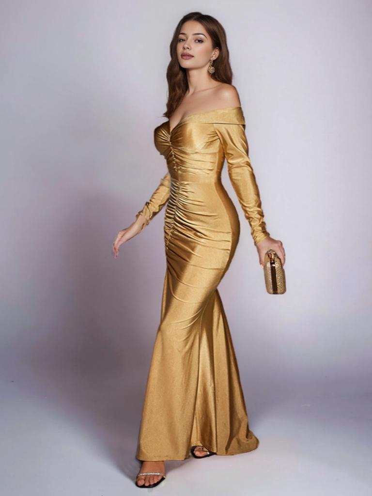 One-piece V-neck Long Sleeve High Waisted Evening Dresses