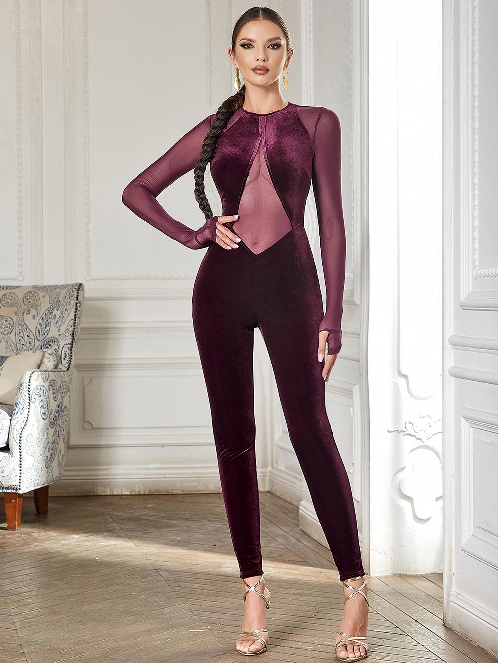 Velvet Spliced Mesh Slimming Skinny Jumpsuit