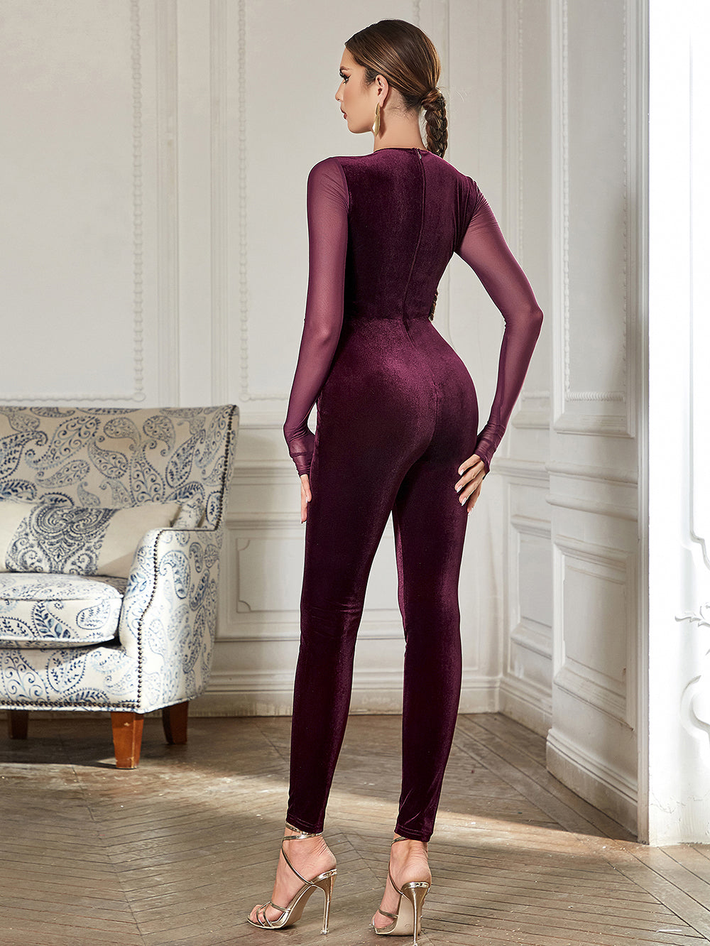 Velvet Spliced Mesh Slimming Skinny Jumpsuit