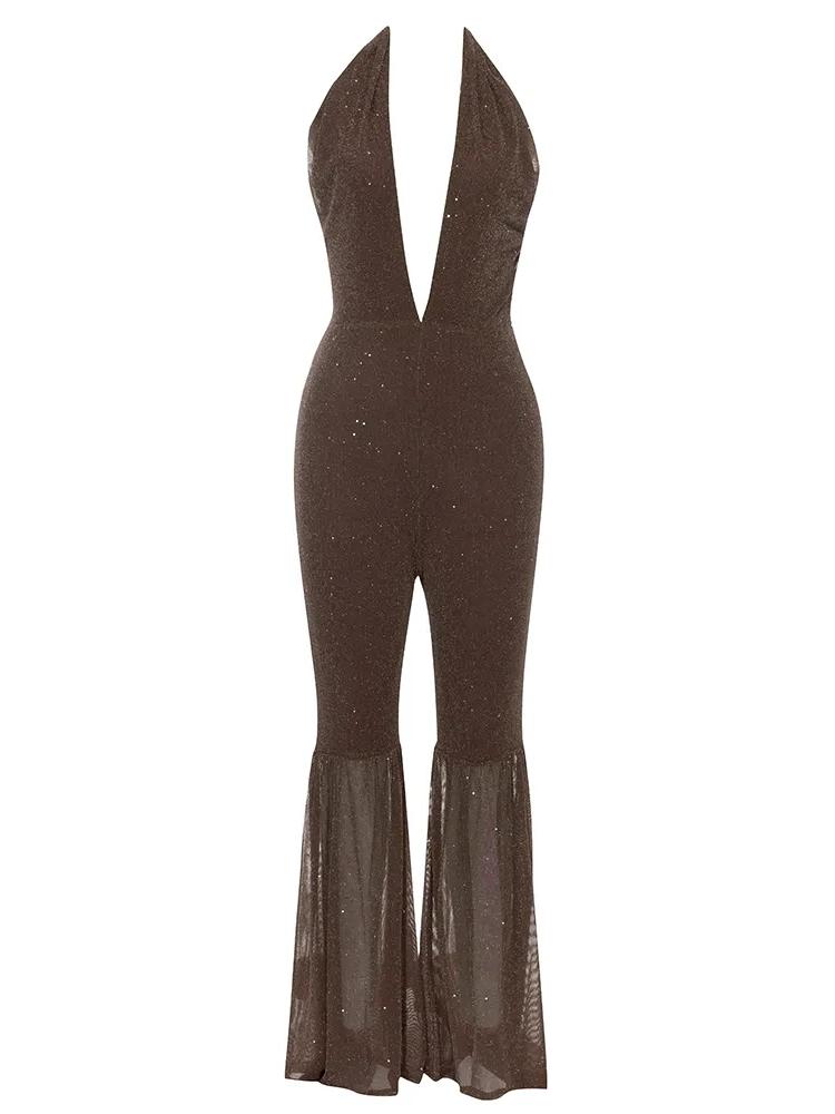 Hanging Neck Cutout Backless Flared Leg Jumpsuit