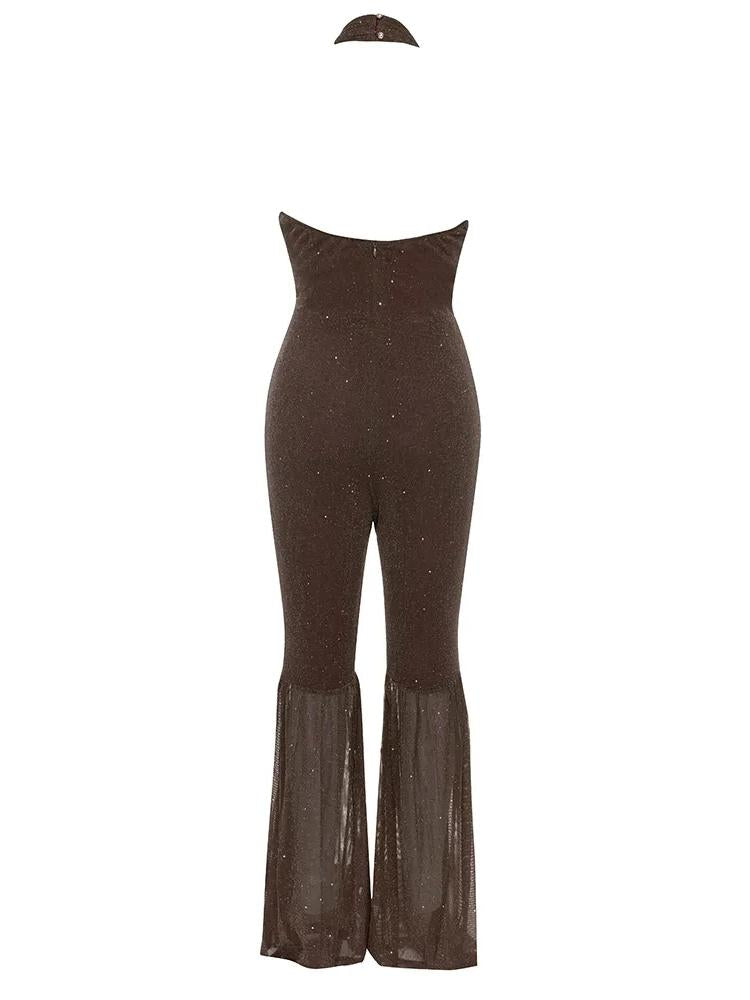 Hanging Neck Cutout Backless Flared Leg Jumpsuit