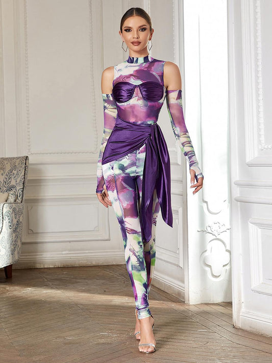 Half High Neck Patchwork Purple Petite Jumpsuit