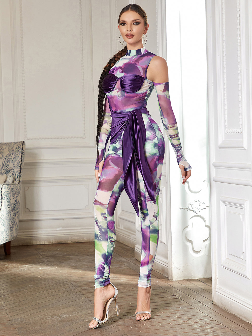 Half High Neck Patchwork Purple Petite Jumpsuit