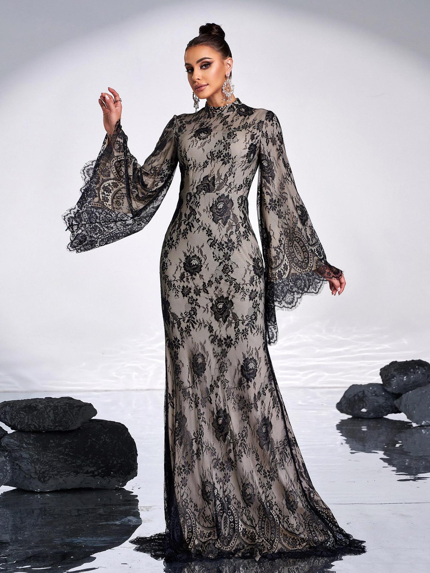 Round Neck Sexy Long Lace Dresses