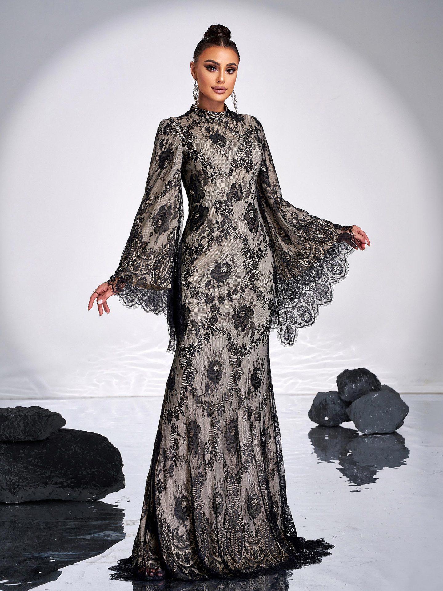 Round Neck Sexy Long Lace Dresses