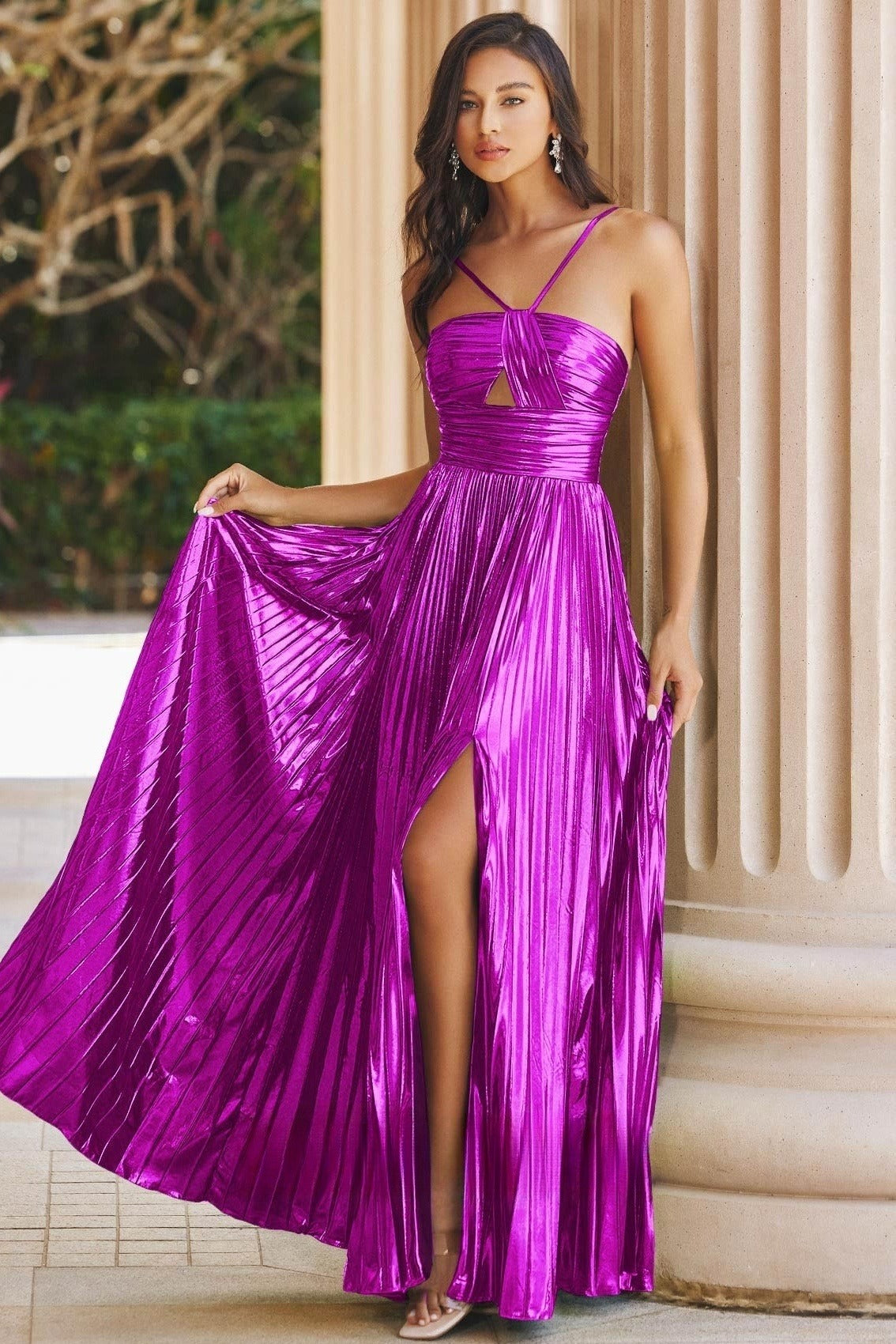 Golden Strapless Pleated Maxi Dress