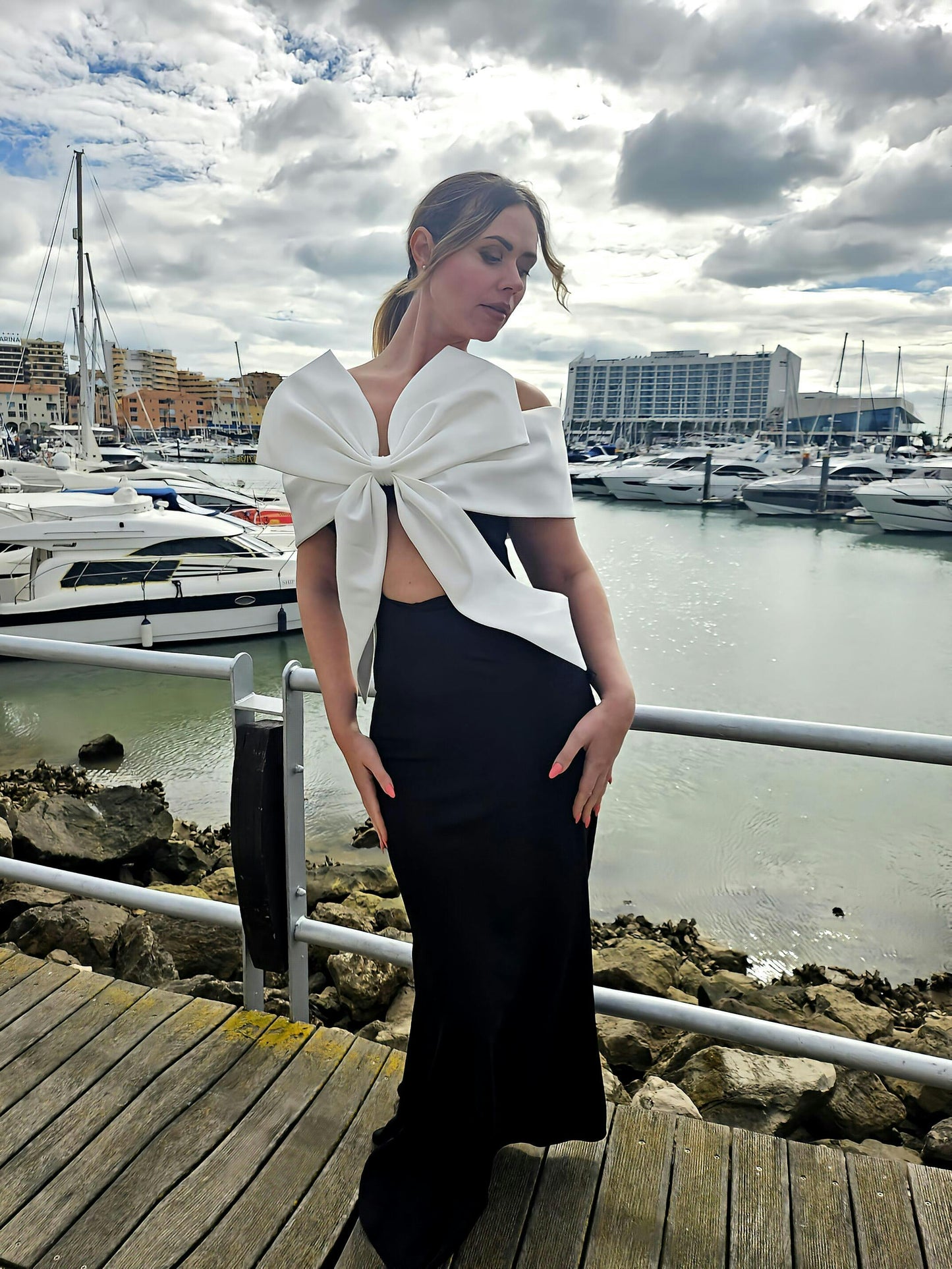 Off-Shoulder Oversized White Bow Black Gown