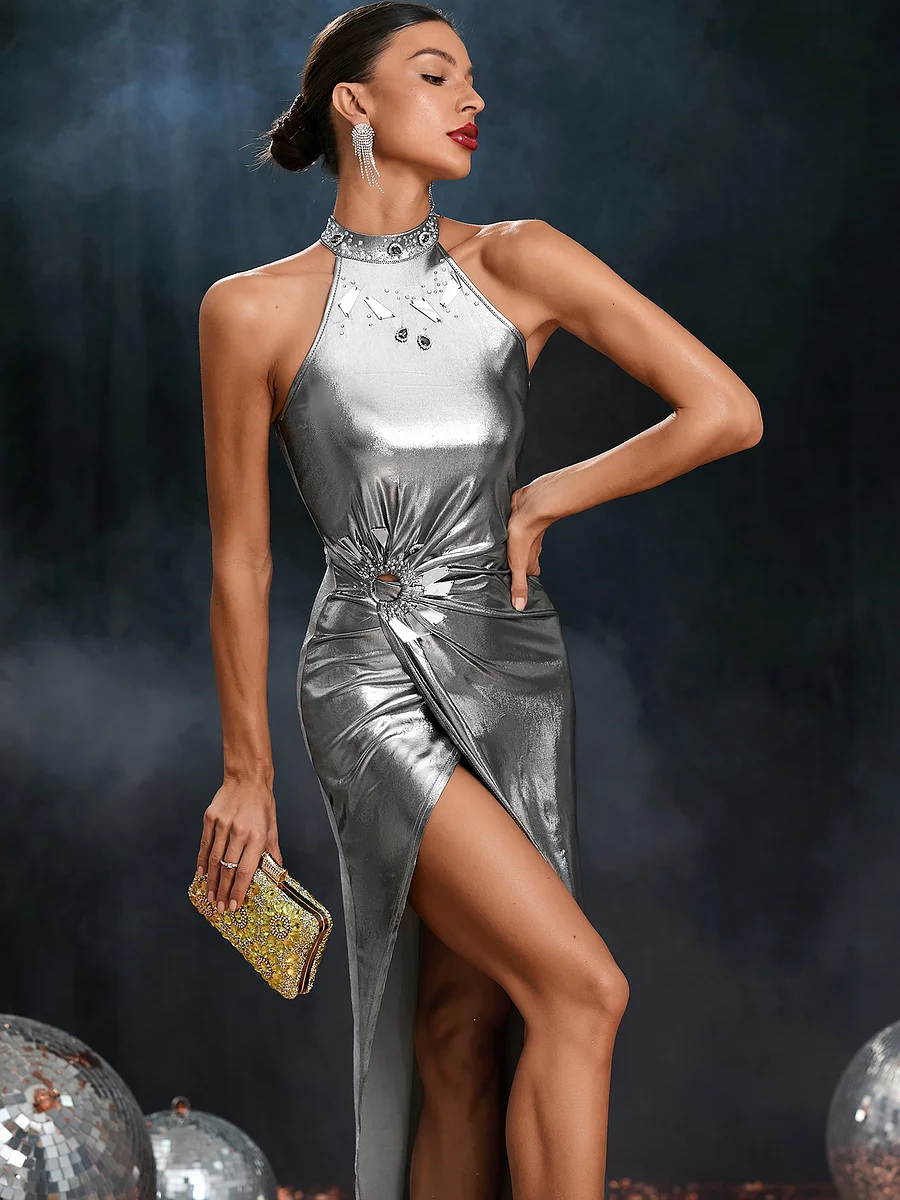 Sleeveless High Split Solid Color Hot Rhinestone Dress