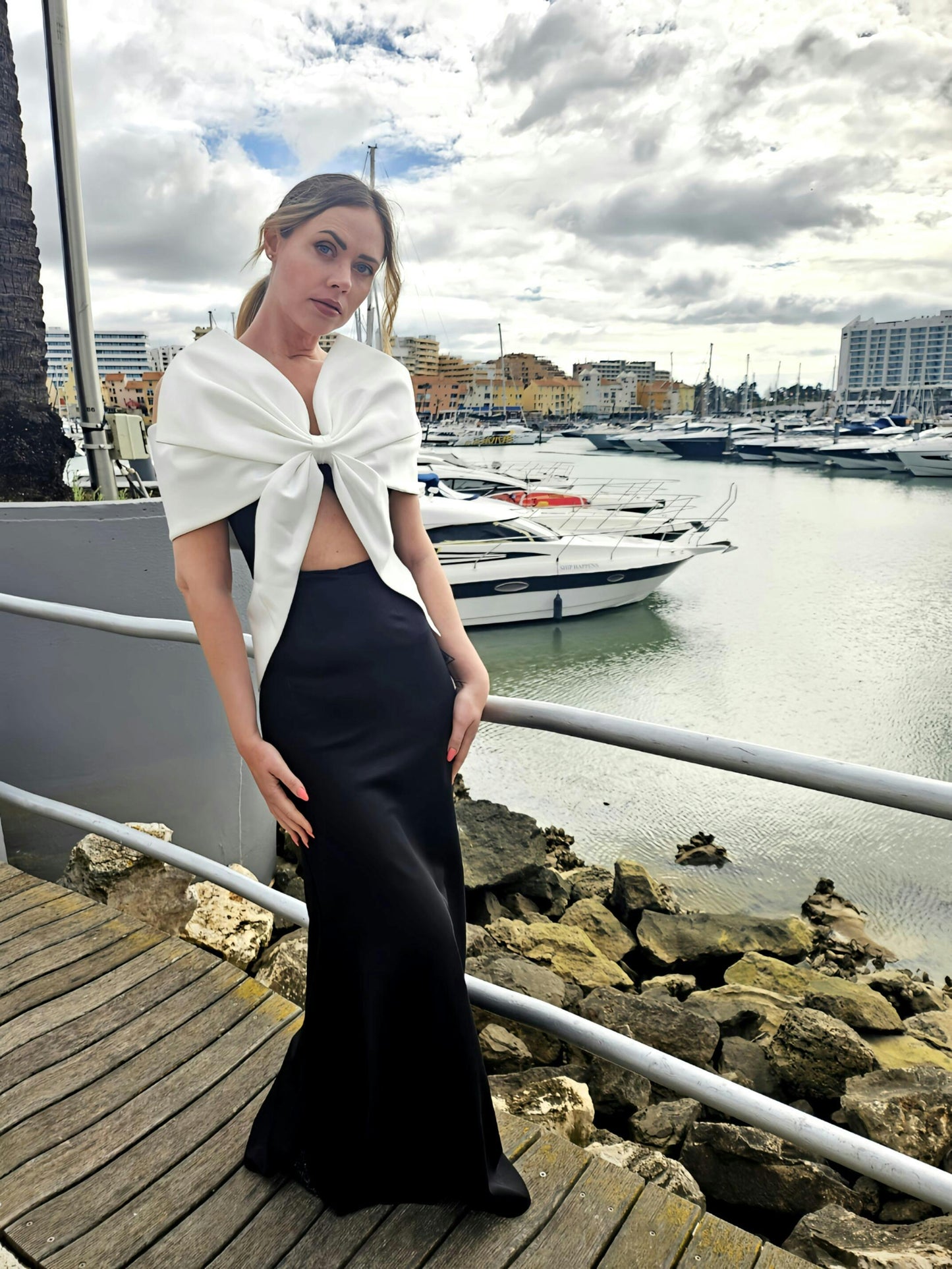 Off-Shoulder Oversized White Bow Black Gown