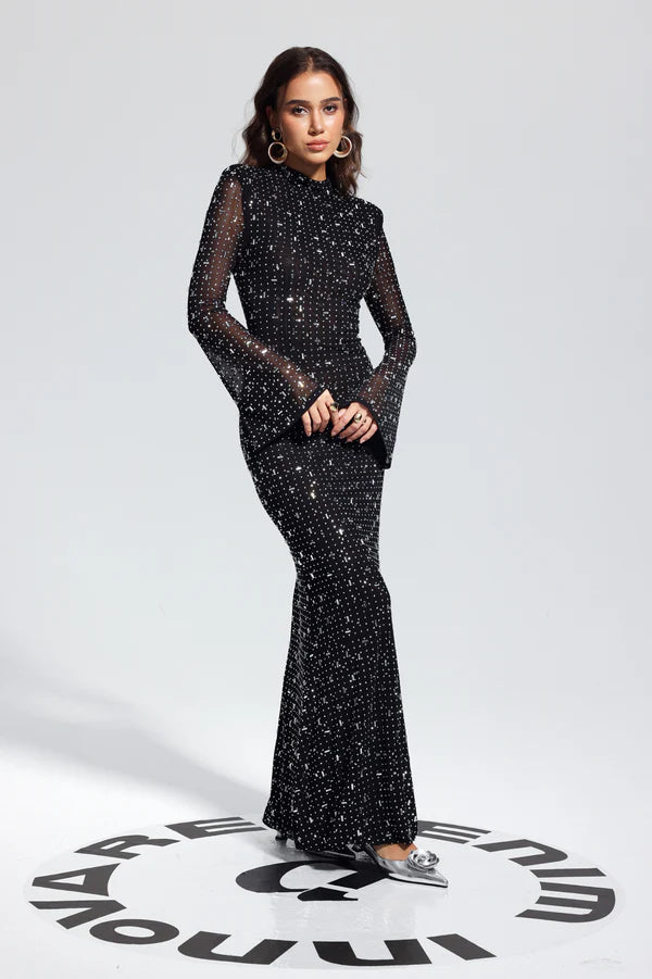 Rhinestone Bodycon Long Sleeves Maxi Dress