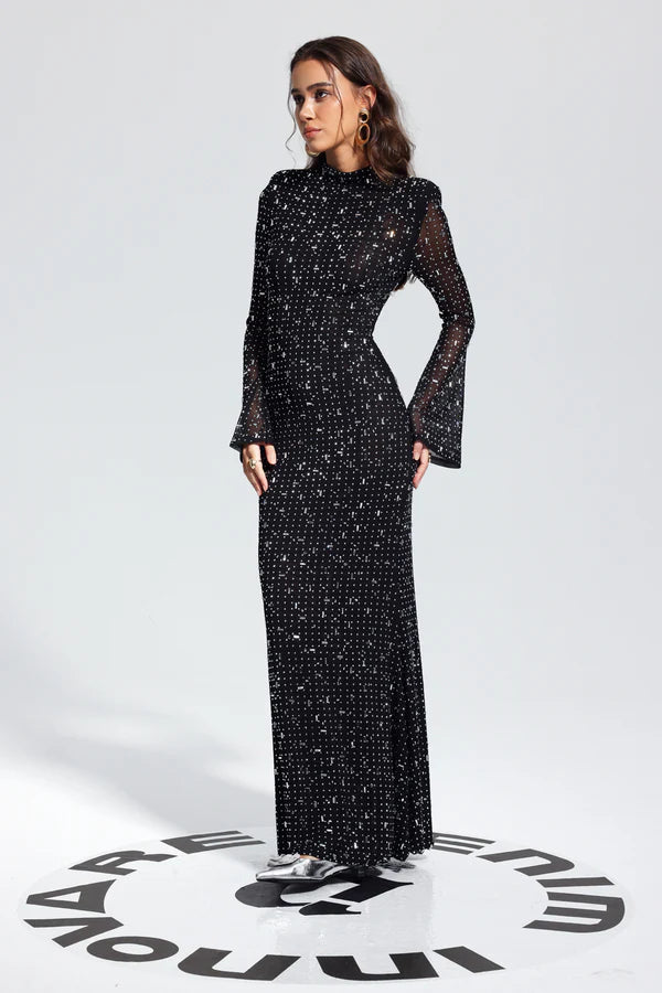 Rhinestone Bodycon Long Sleeves Maxi Dress