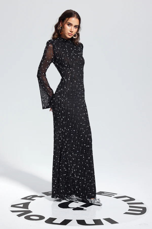 Rhinestone Bodycon Long Sleeves Maxi Dress