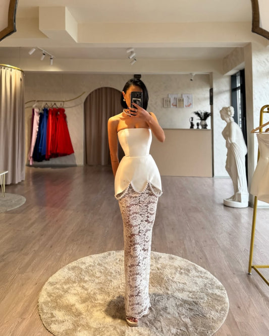 YS-Strapless Lace-detailed Pearl Trim Gown