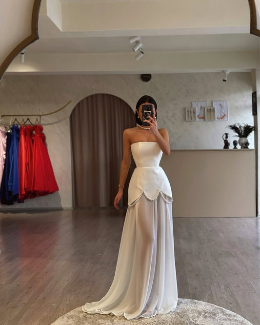YS-Strapless Pearl Embellishments Maxi Dress