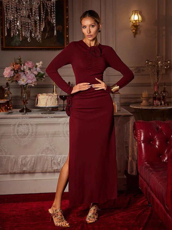 Long Sleeve Flower Split Midi Dress