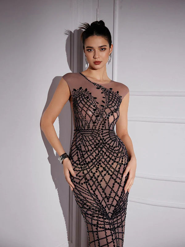 Printed Rhinestone Maxi Dress