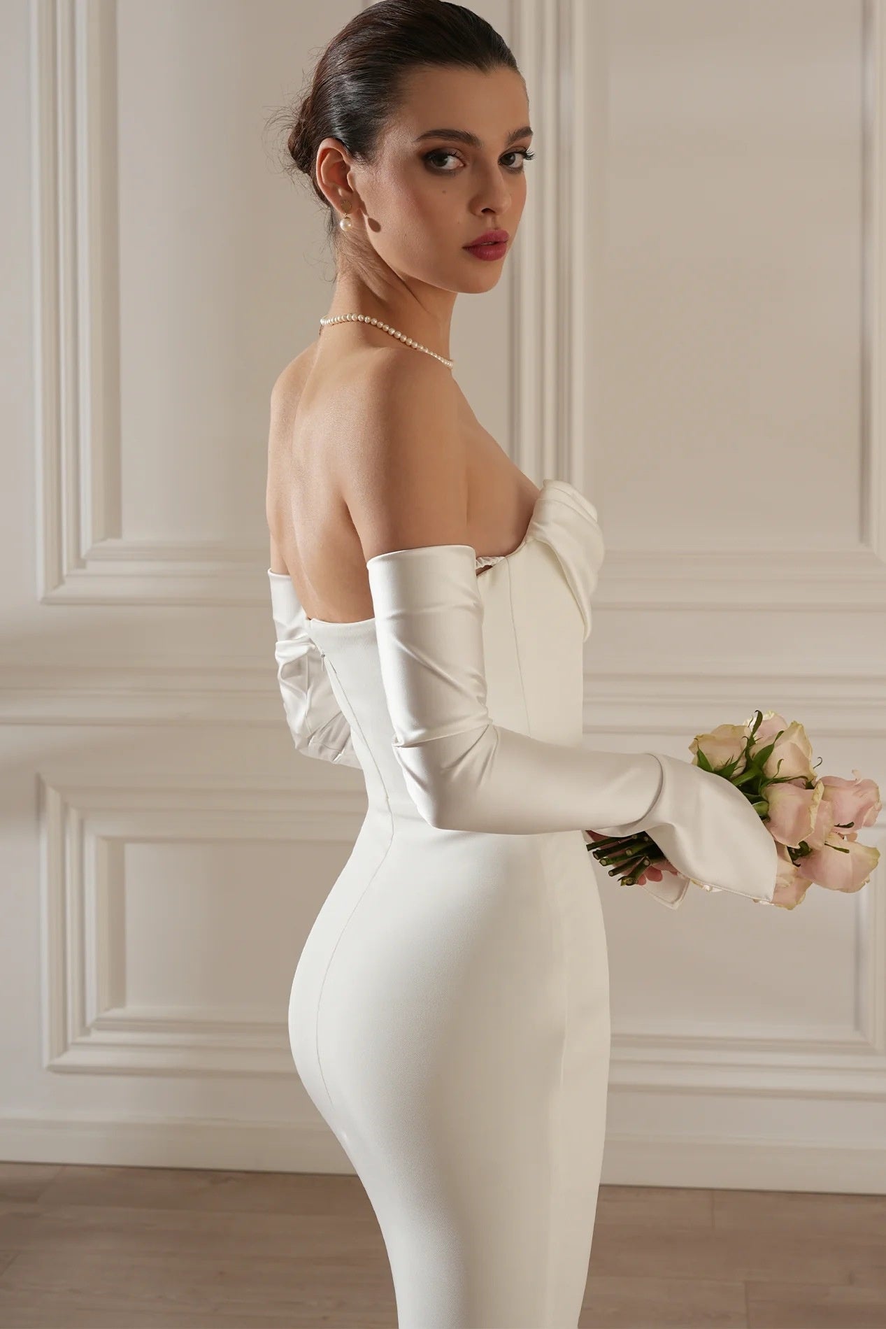 Strapless Off-Shoulder Satin Gloves Gown