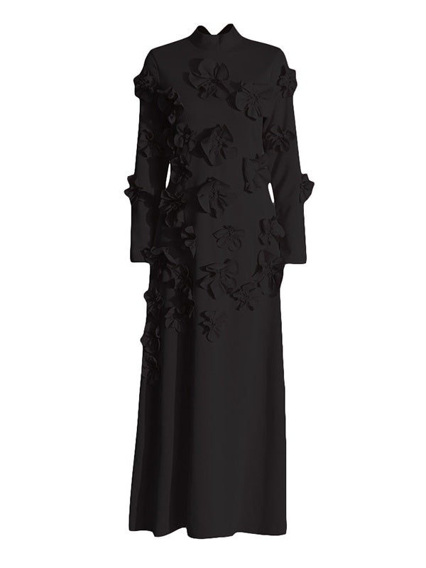 Stand Collar with Embroidery Stitching Flower Maxi Dress