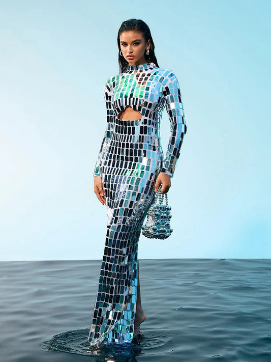 Acrylic Embellished Cutout Maxi Dress