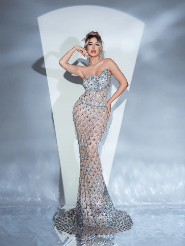 Strapless Rhinestone Mesh Maxi Dress
