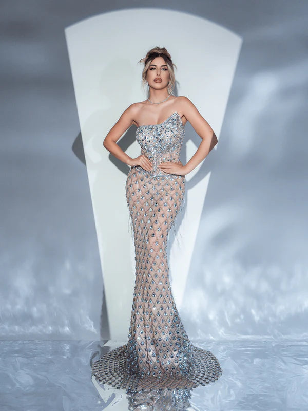 Strapless Rhinestone Mesh Maxi Dress