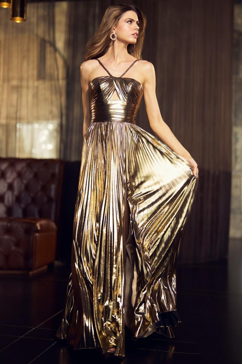 Golden Strapless Pleated Maxi Dress