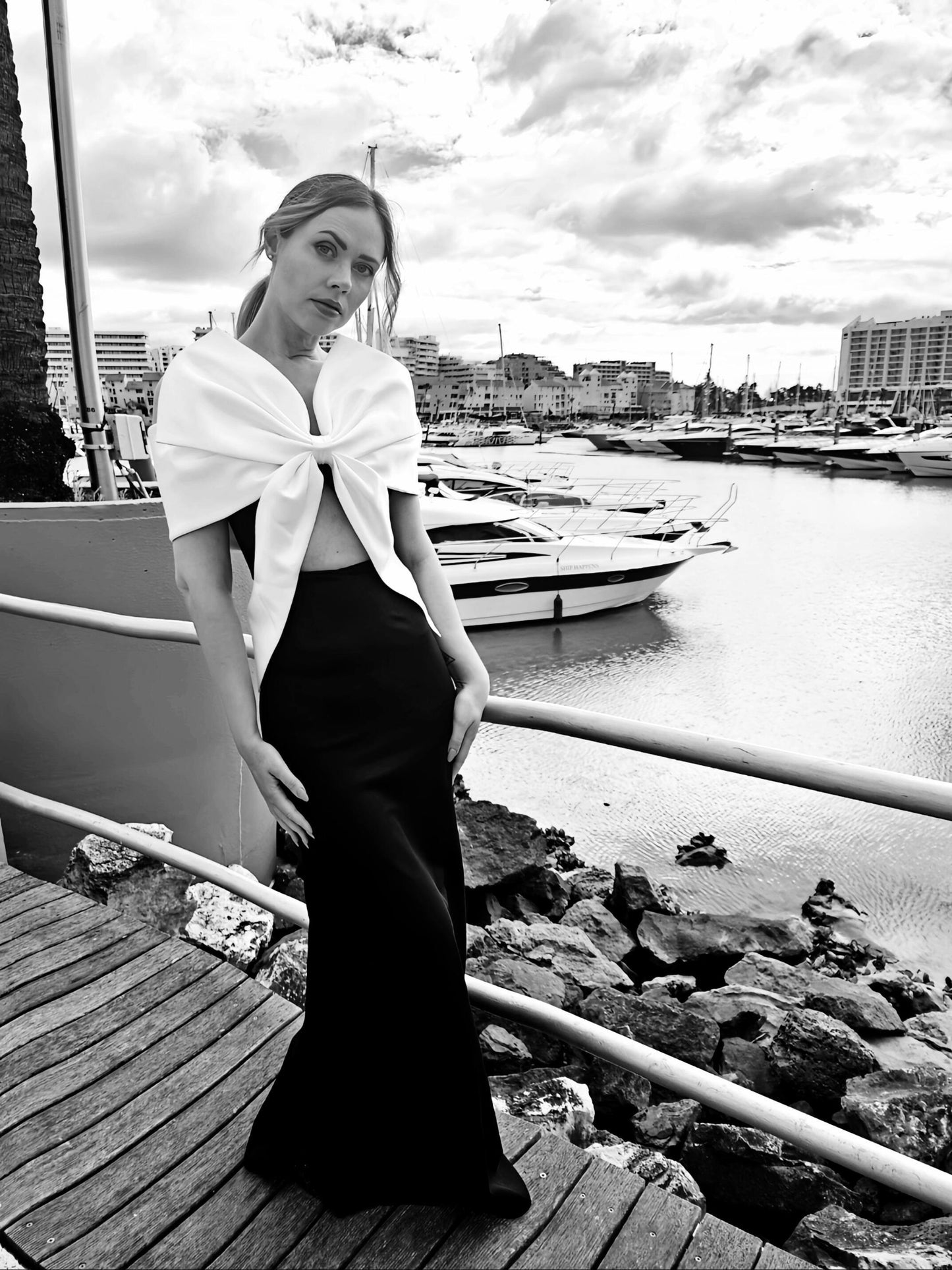 Off-Shoulder Oversized White Bow Black Gown