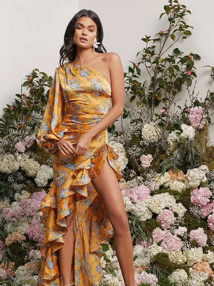 Slant Shoulder Floral Irregular Ruffle Maxi Dress