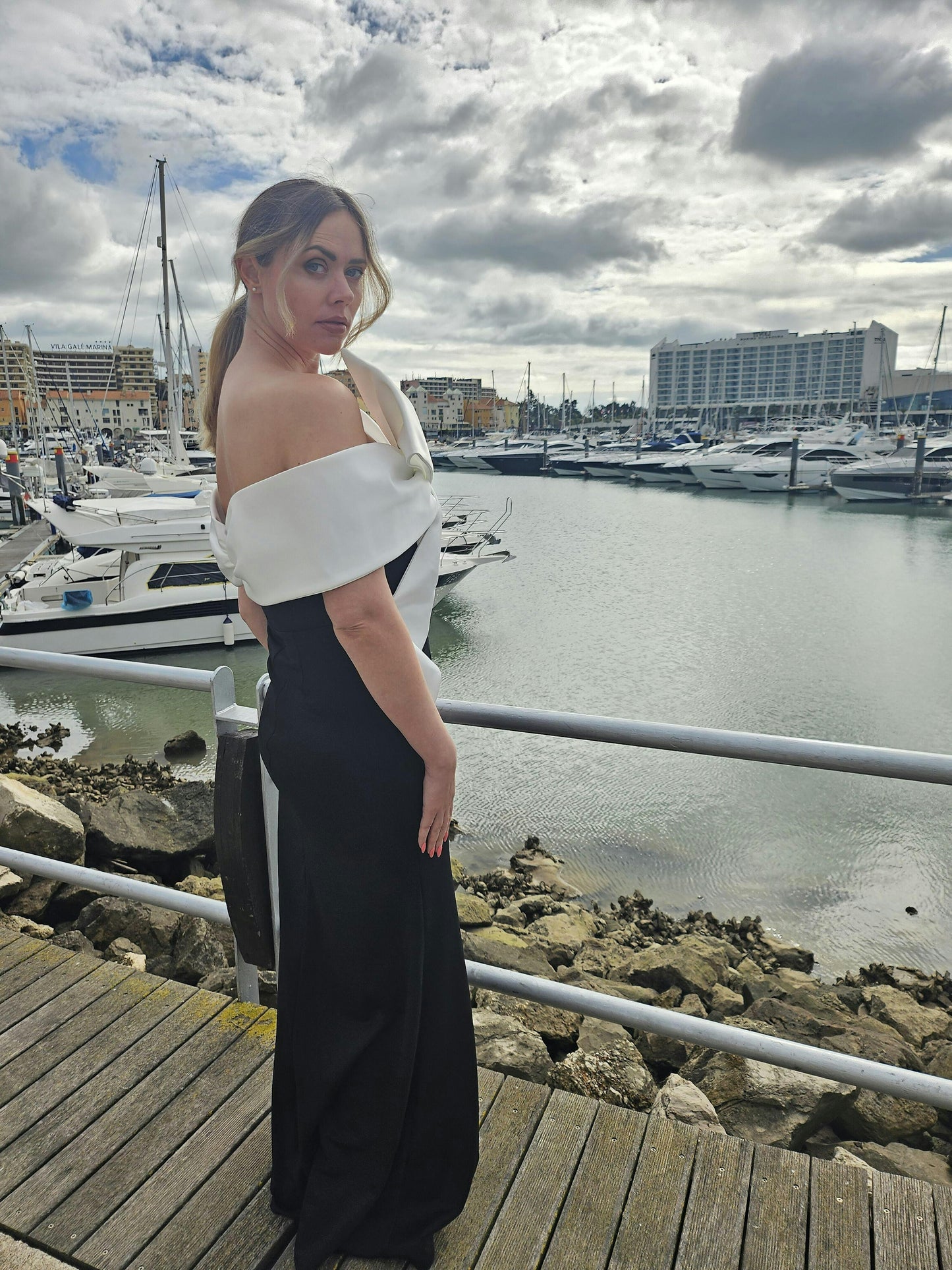 Off-Shoulder Oversized White Bow Black Gown